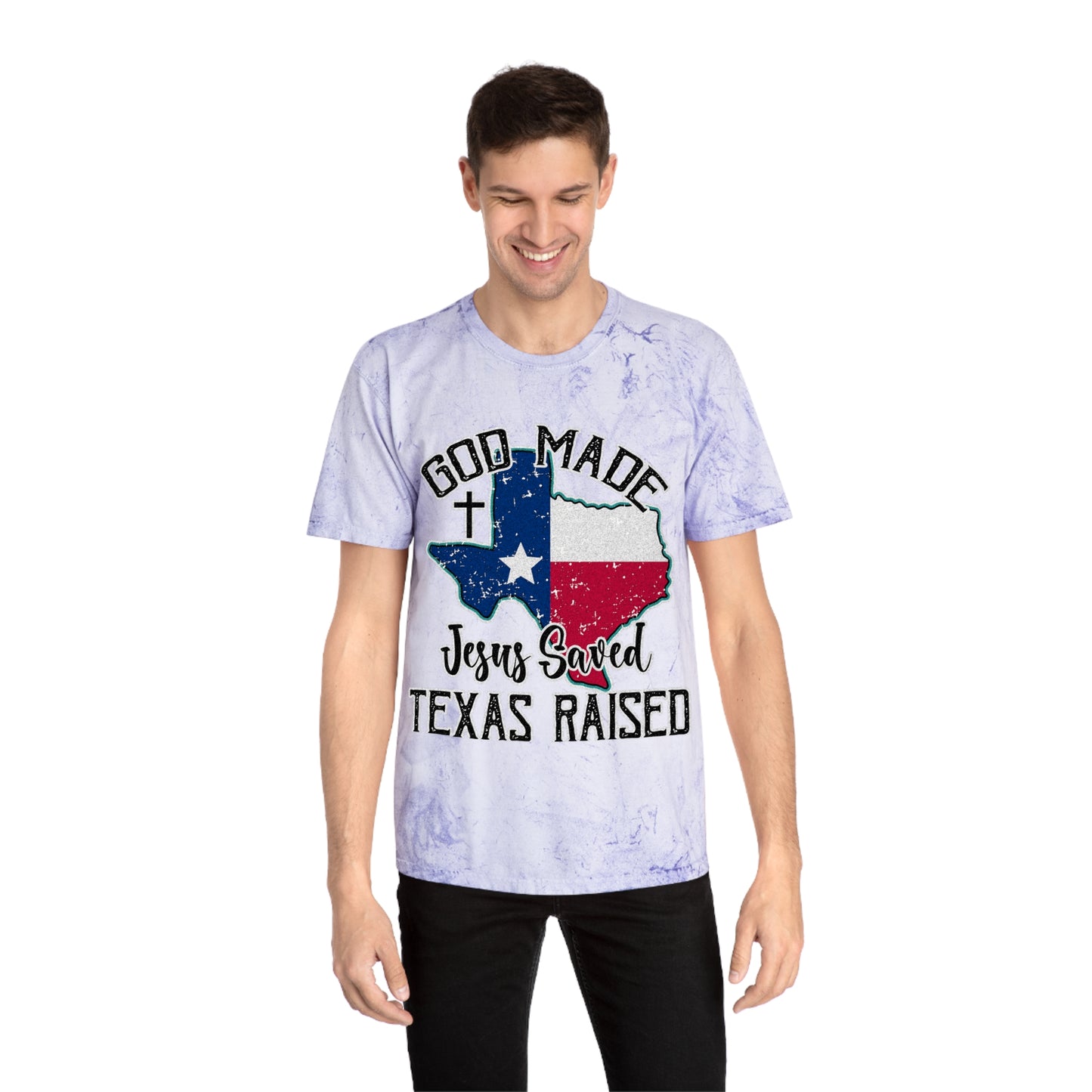 Unisex Color Blast T-Shirt - Texas Raised Jesus saved God made