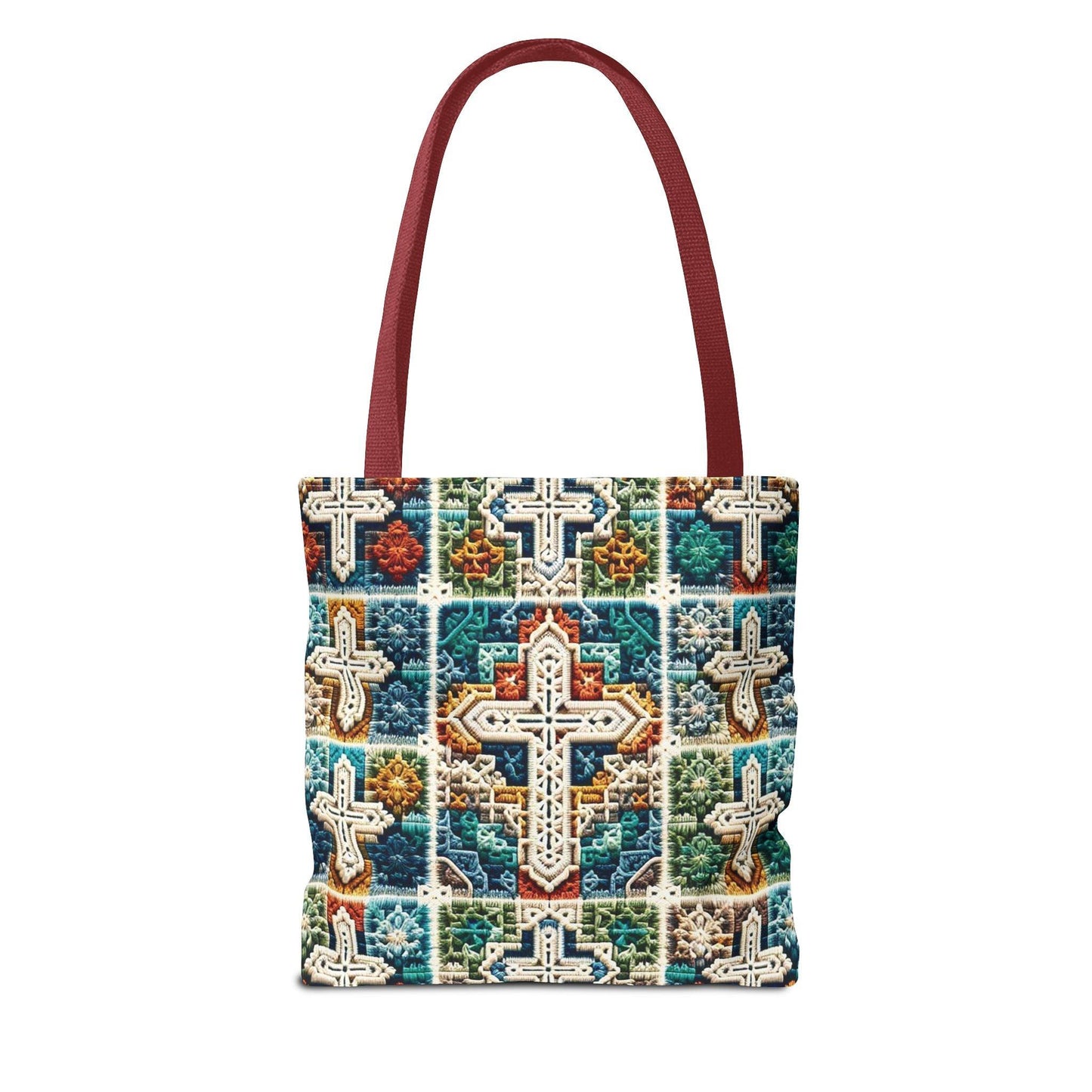 Tote Bag – Faux Crochet Cross Pattern Faith Meets Function with a Pop of Color - Motor Girl Boutique