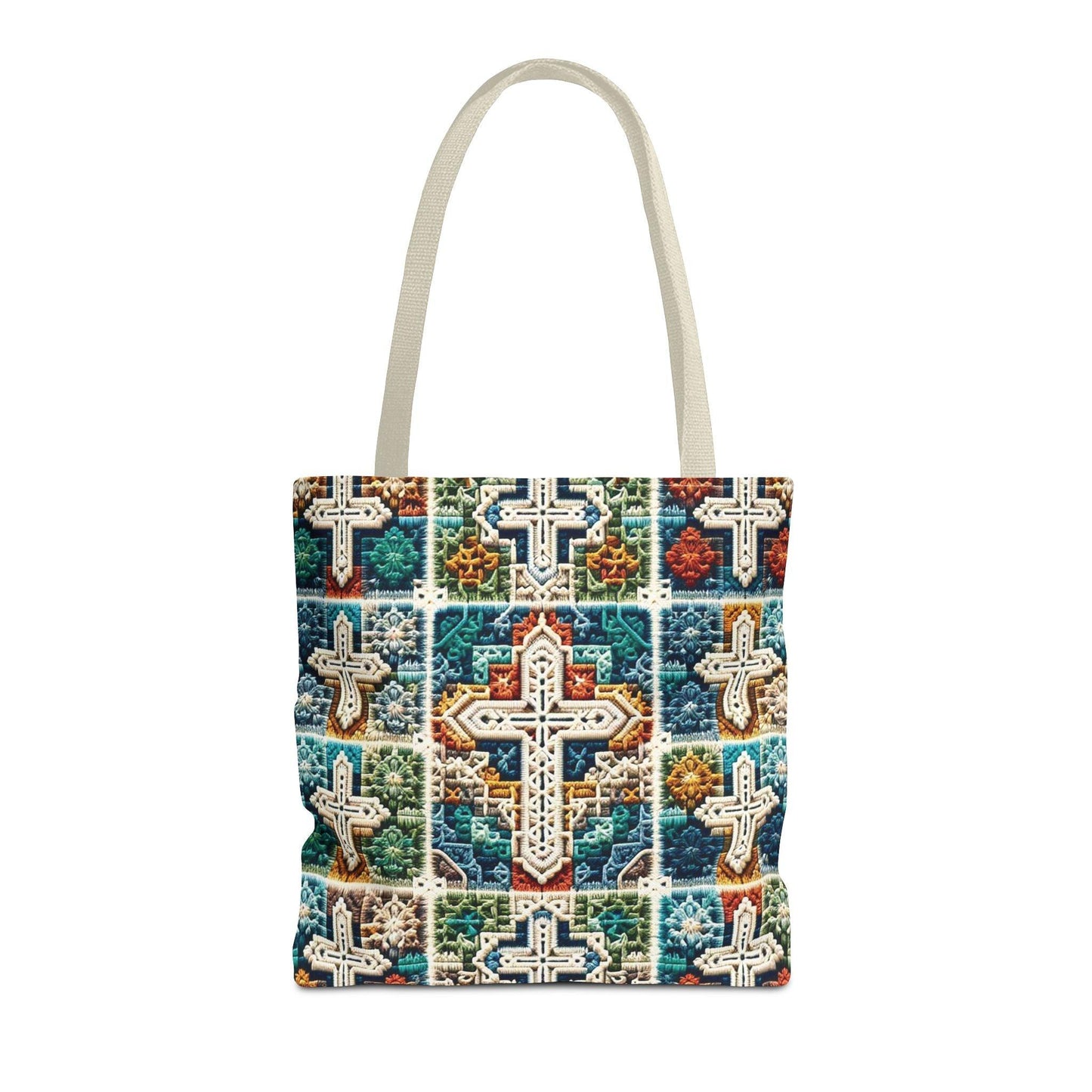 Tote Bag – Faux Crochet Cross Pattern Faith Meets Function with a Pop of Color - Motor Girl Boutique