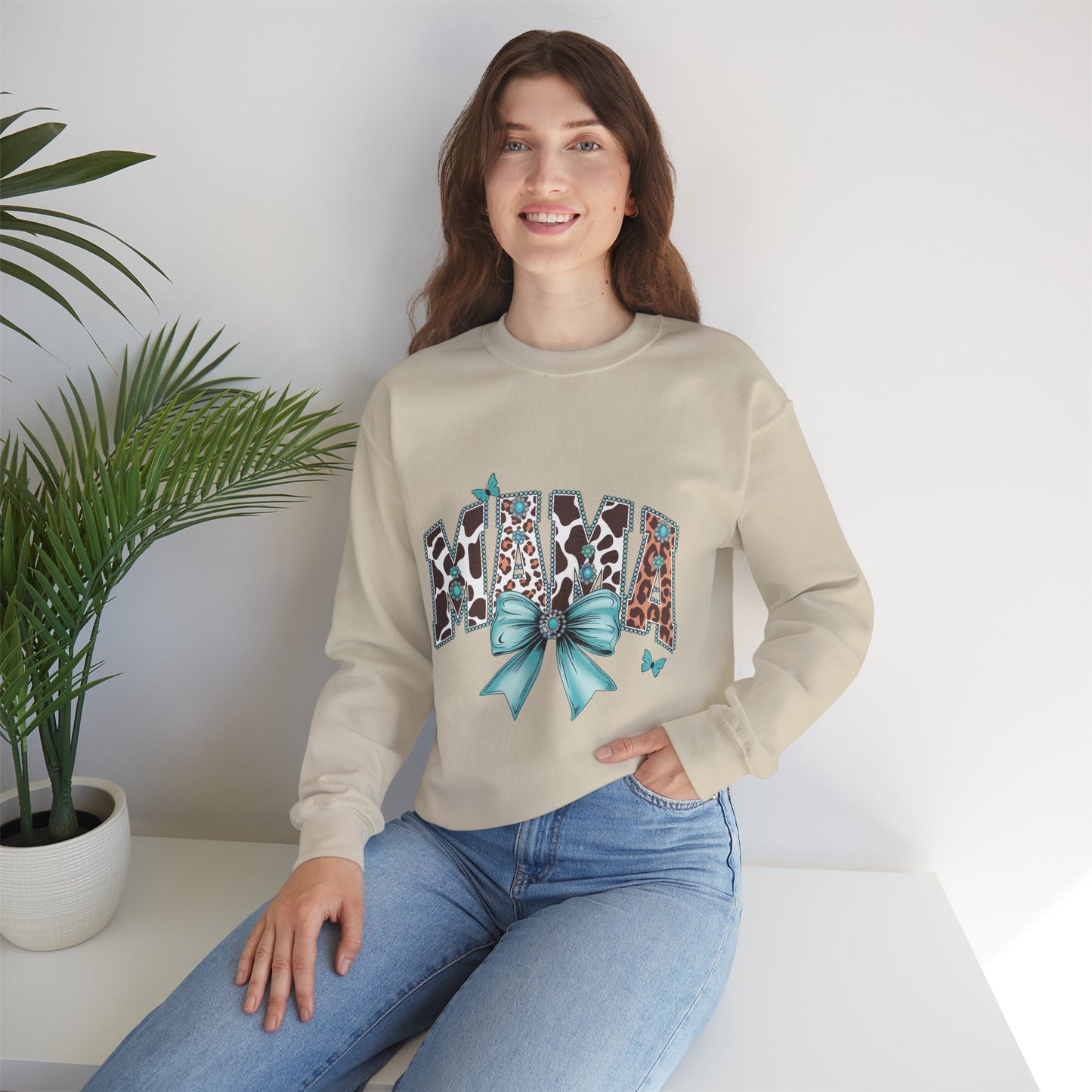 Unisex Sweatshirt - Mama Coquette Cow Turquoise Bow