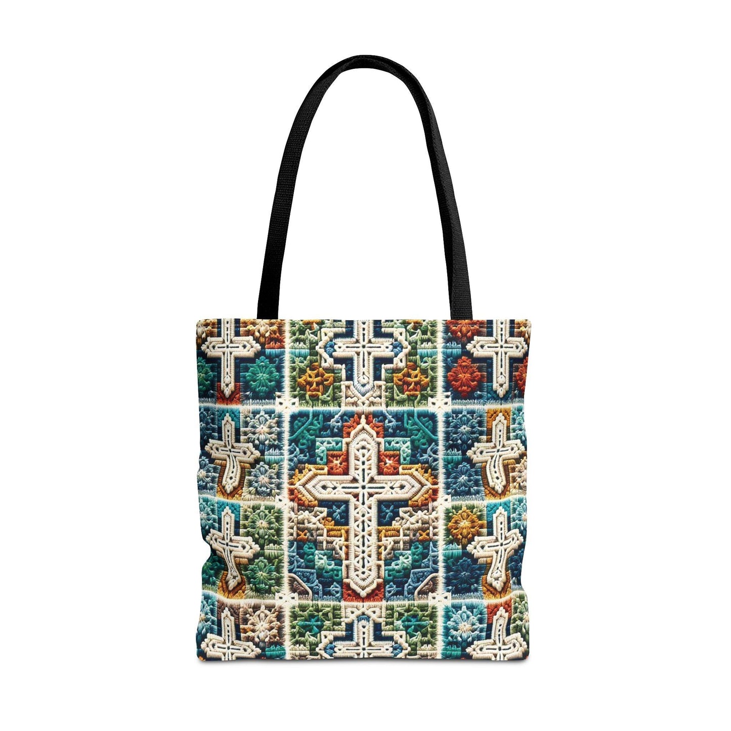 Tote Bag – Faux Crochet Cross Pattern Faith Meets Function with a Pop of Color - Motor Girl Boutique