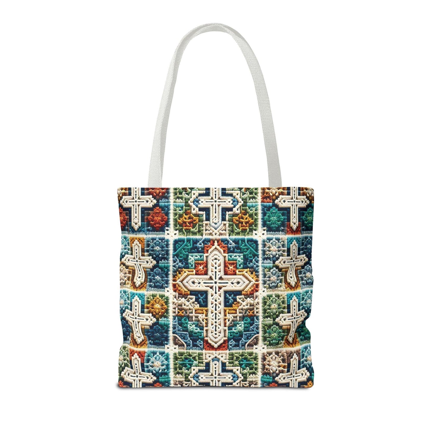 Tote Bag – Faux Crochet Cross Pattern Faith Meets Function with a Pop of Color - Motor Girl Boutique