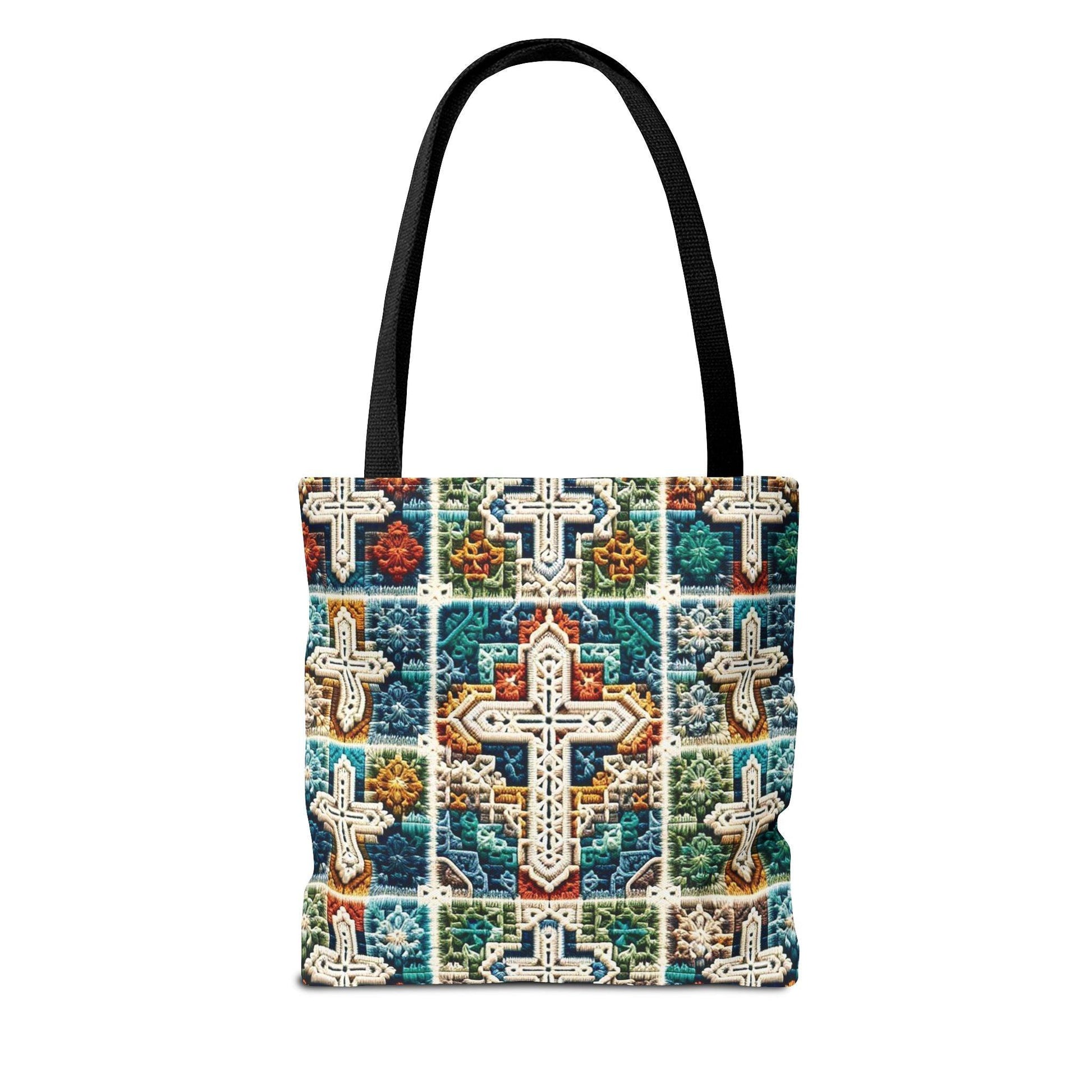 Tote Bag – Faux Crochet Cross Pattern Faith Meets Function with a Pop of Color - Motor Girl Boutique