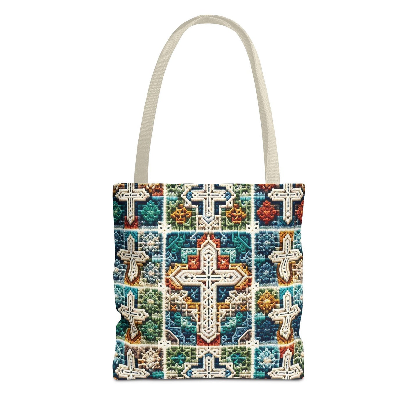 Tote Bag – Faux Crochet Cross Pattern Faith Meets Function with a Pop of Color - Motor Girl Boutique