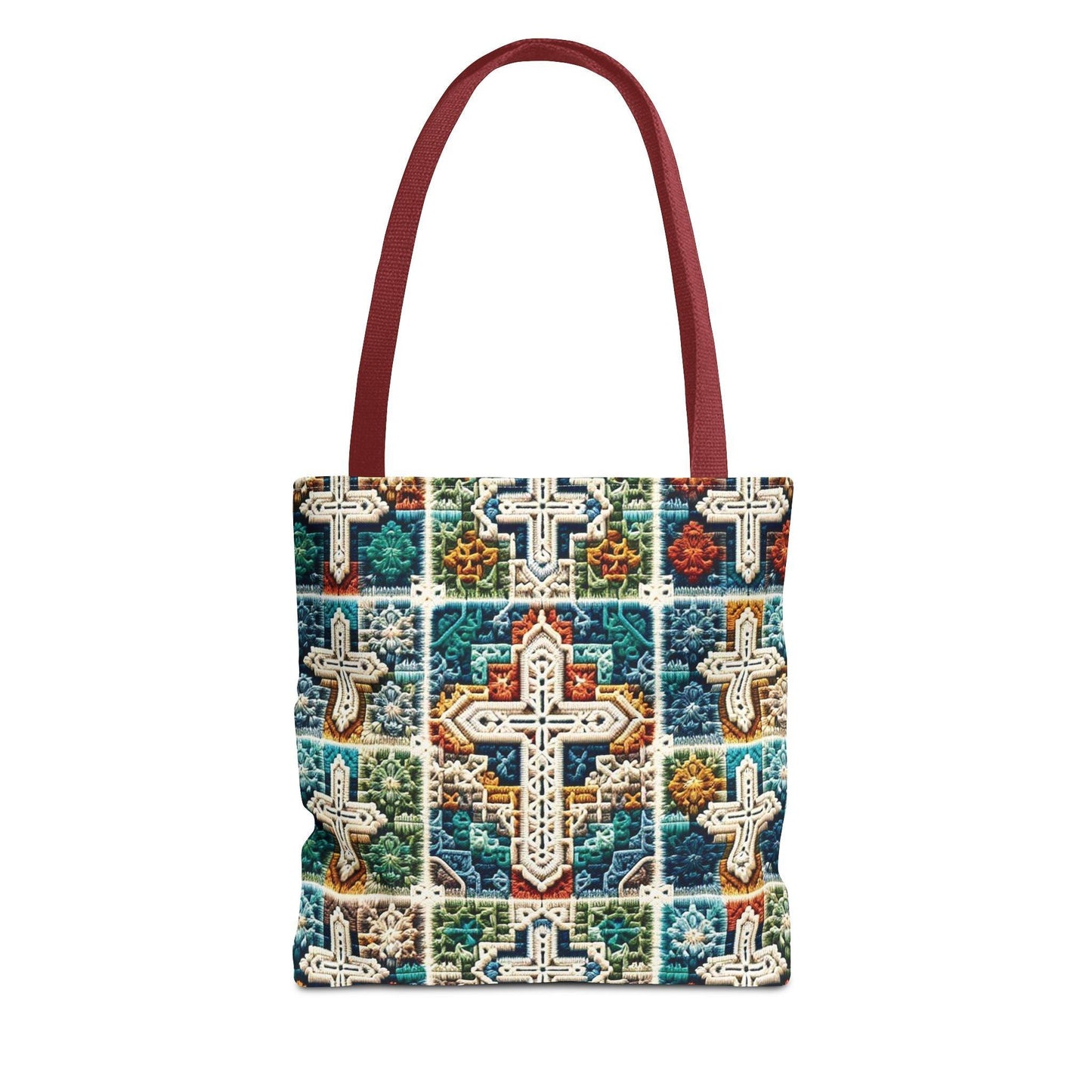 Tote Bag – Faux Crochet Cross Pattern Faith Meets Function with a Pop of Color - Motor Girl Boutique