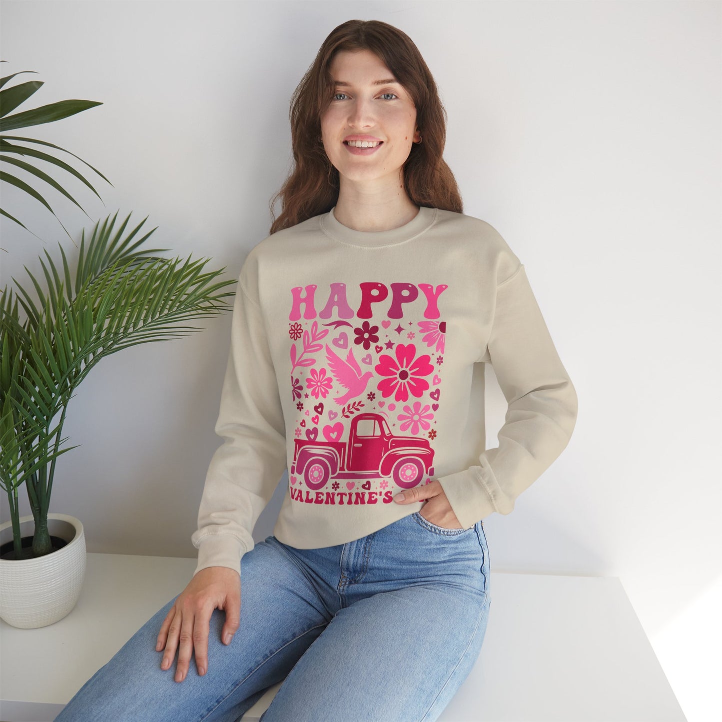 Boho Happy Valentine's Day Pickup Truck Unisex Sweatshirt