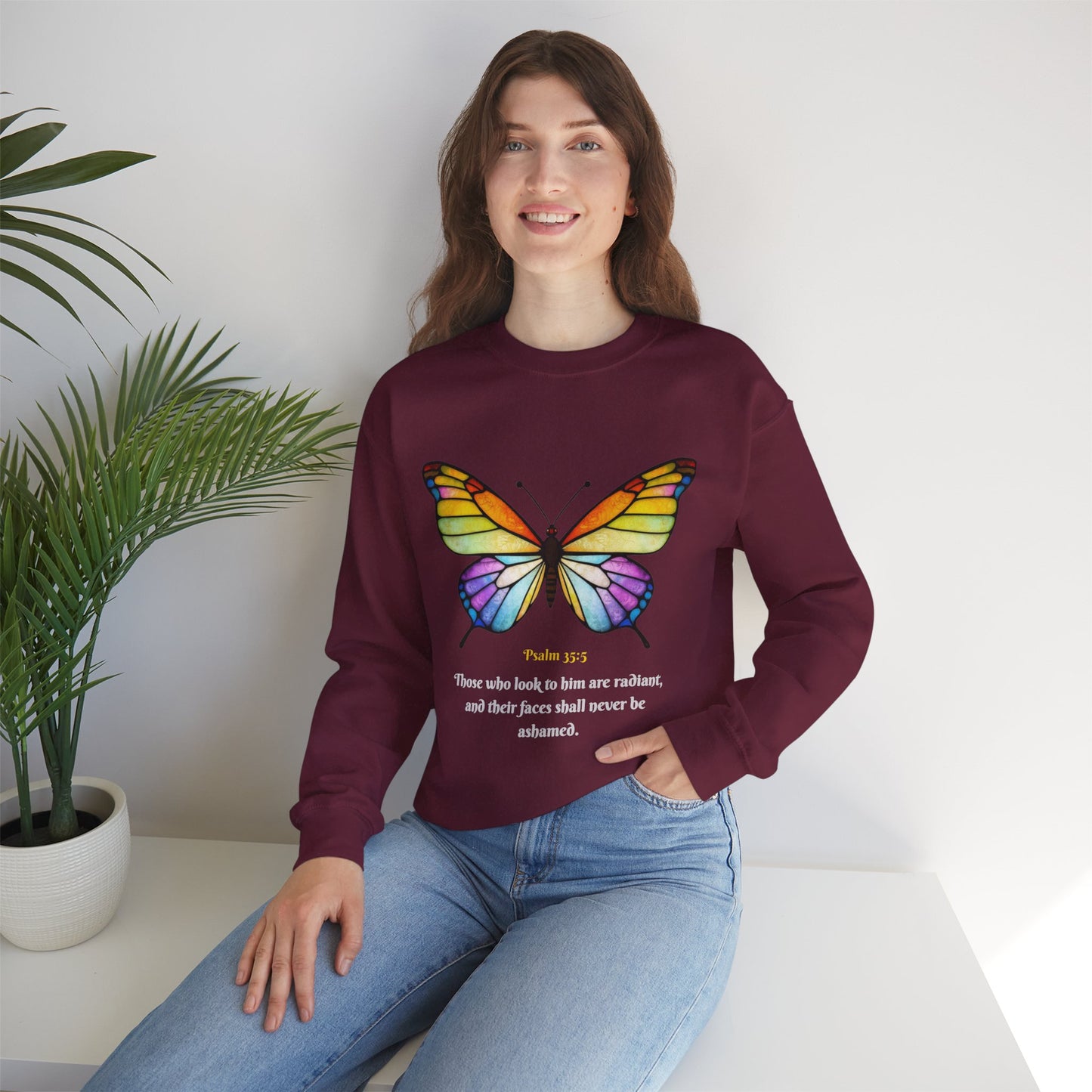 Psalm 35:5 Stained-Glass Butterfly Christian Sweatshirt