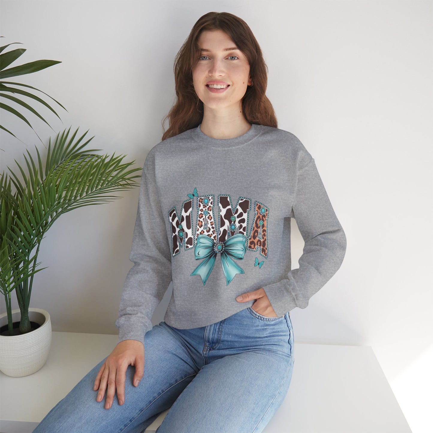 Unisex Sweatshirt - Mama Coquette Cow Turquoise Bow