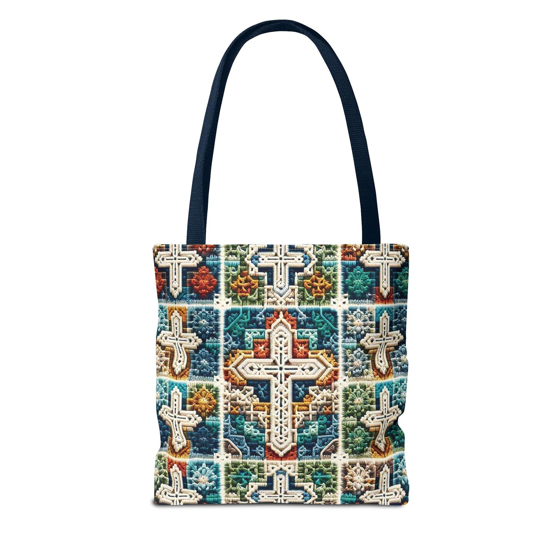 Tote Bag – Faux Crochet Cross Pattern Faith Meets Function with a Pop of Color - Motor Girl Boutique