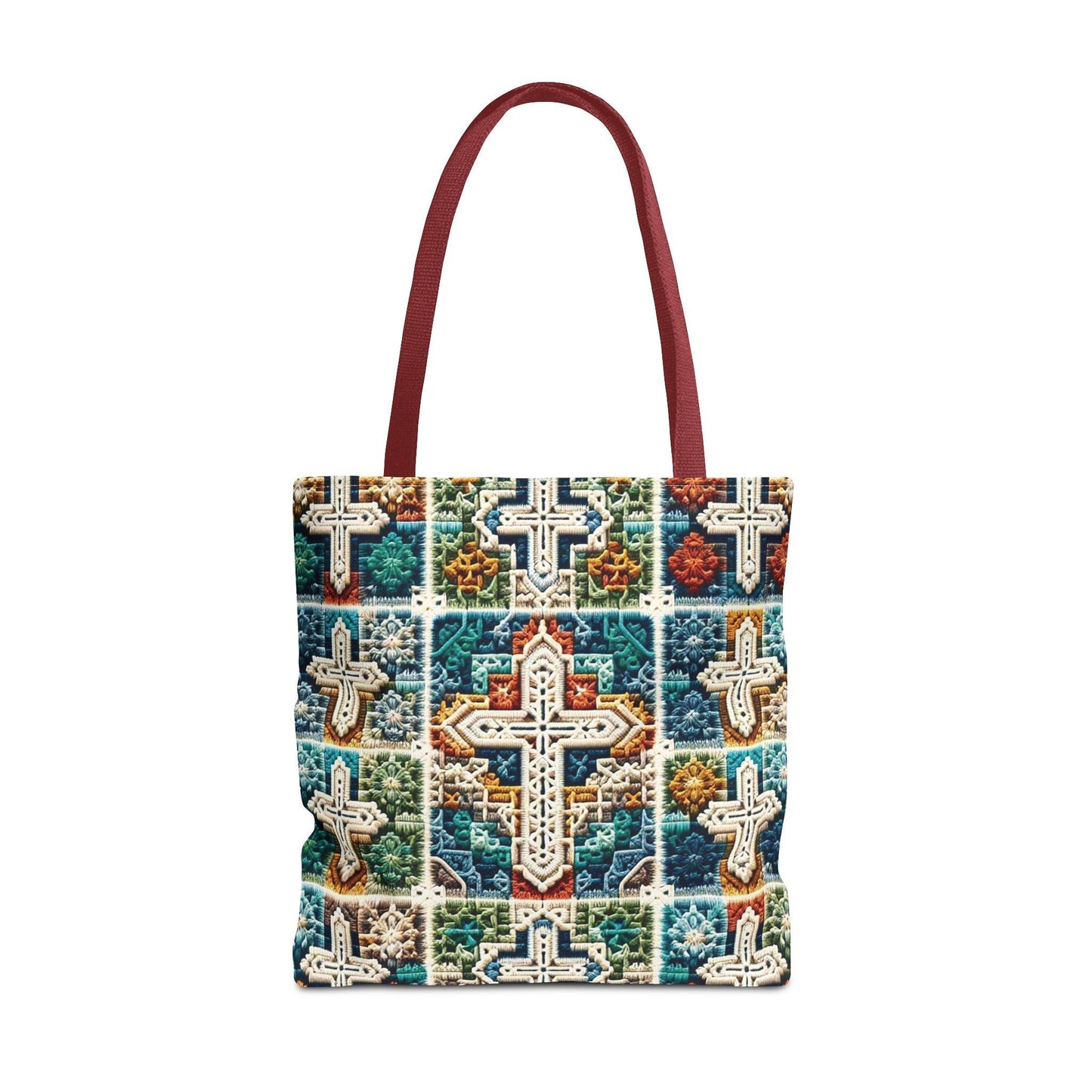 Tote Bag – Faux Crochet Cross Pattern Faith Meets Function with a Pop of Color - Motor Girl Boutique