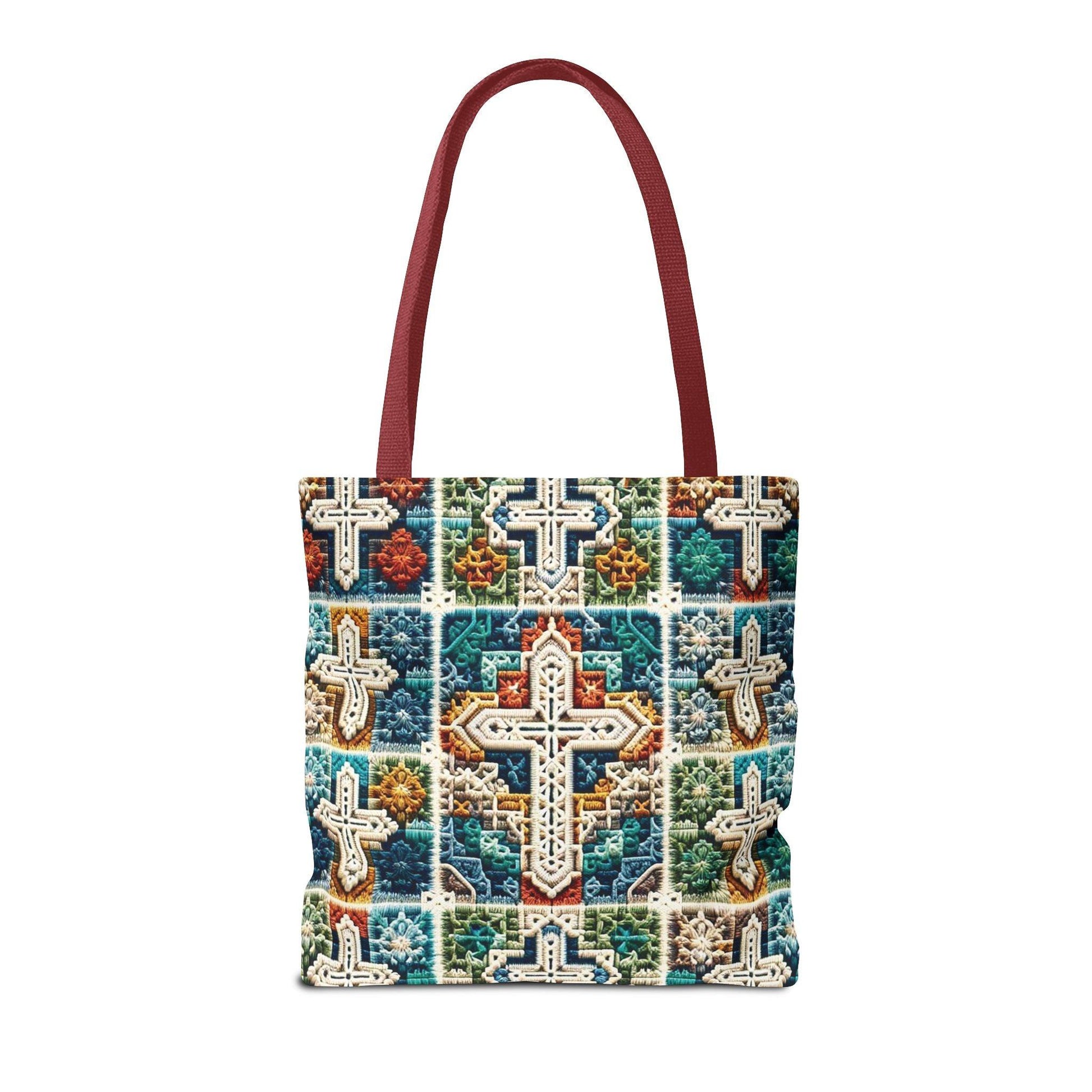 Tote Bag – Faux Crochet Cross Pattern Faith Meets Function with a Pop of Color - Motor Girl Boutique