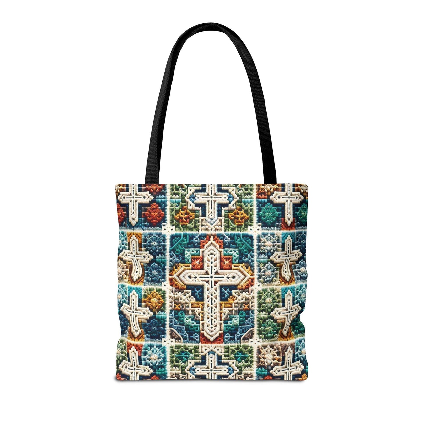 Tote Bag – Faux Crochet Cross Pattern Faith Meets Function with a Pop of Color - Motor Girl Boutique