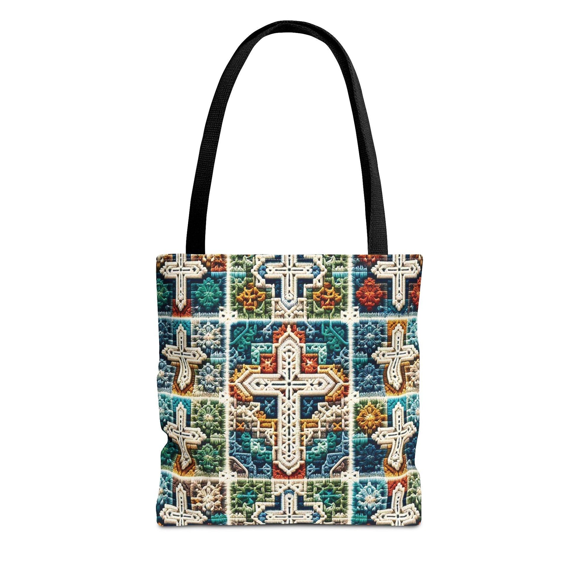 Tote Bag – Faux Crochet Cross Pattern Faith Meets Function with a Pop of Color - Motor Girl Boutique