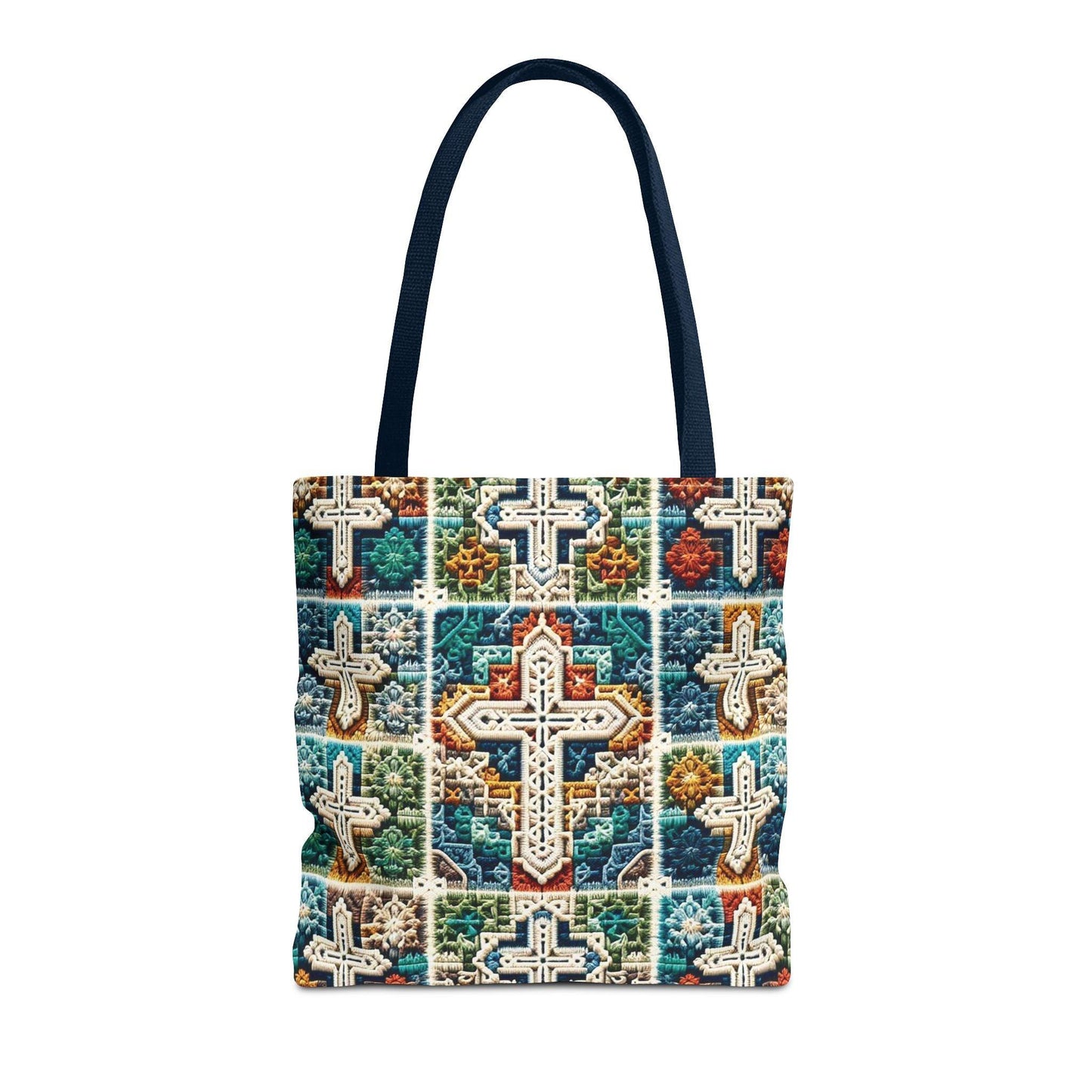 Tote Bag – Faux Crochet Cross Pattern Faith Meets Function with a Pop of Color - Motor Girl Boutique