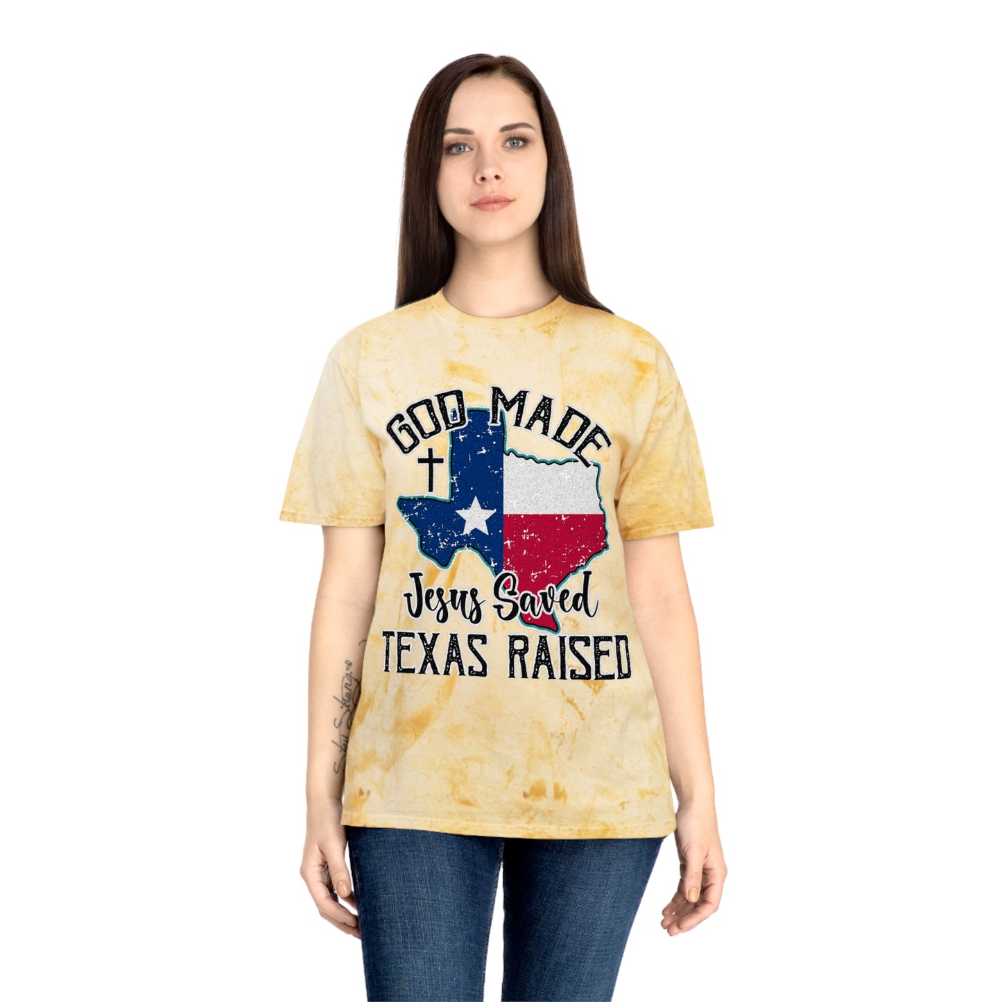 Unisex Color Blast T-Shirt - Texas Raised Jesus saved God made