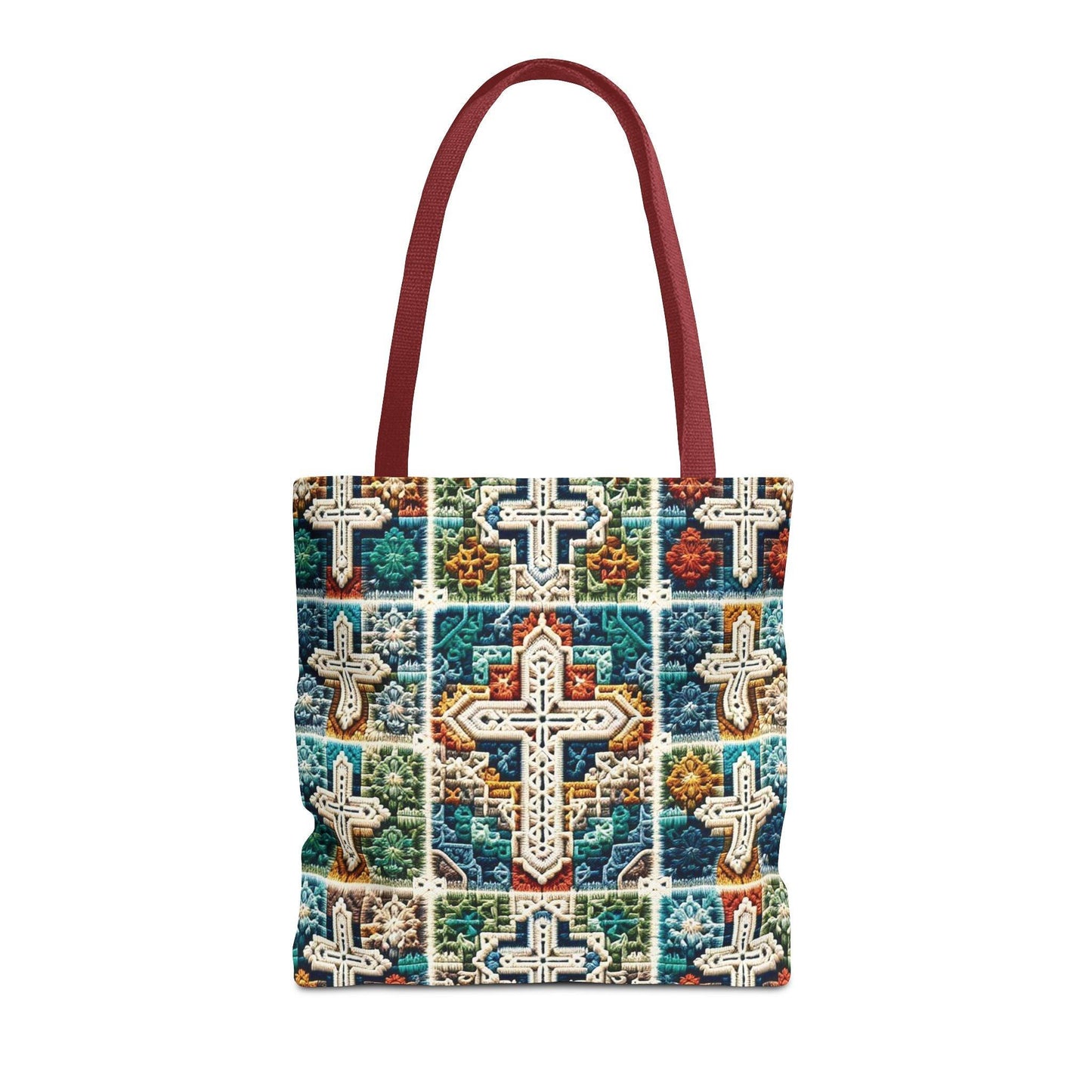 Tote Bag – Faux Crochet Cross Pattern Faith Meets Function with a Pop of Color - Motor Girl Boutique