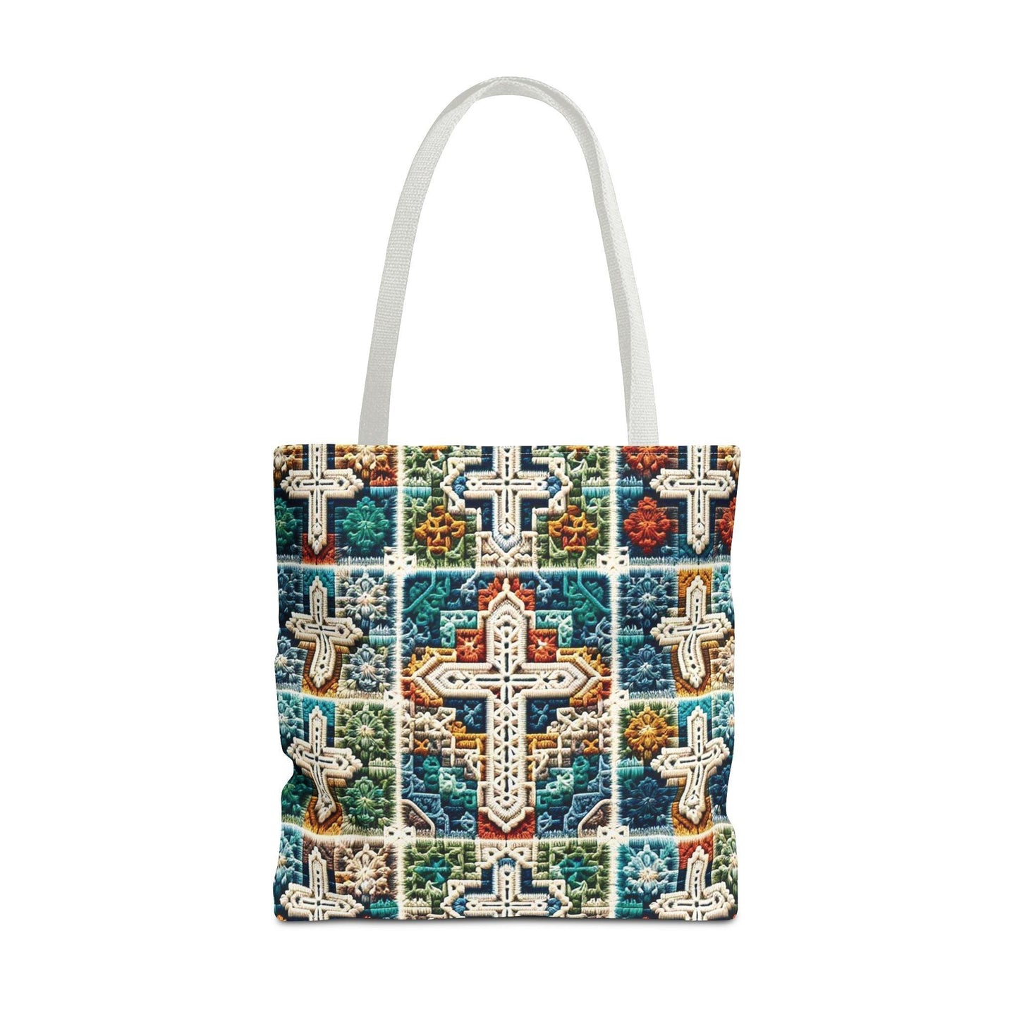 Tote Bag – Faux Crochet Cross Pattern Faith Meets Function with a Pop of Color - Motor Girl Boutique