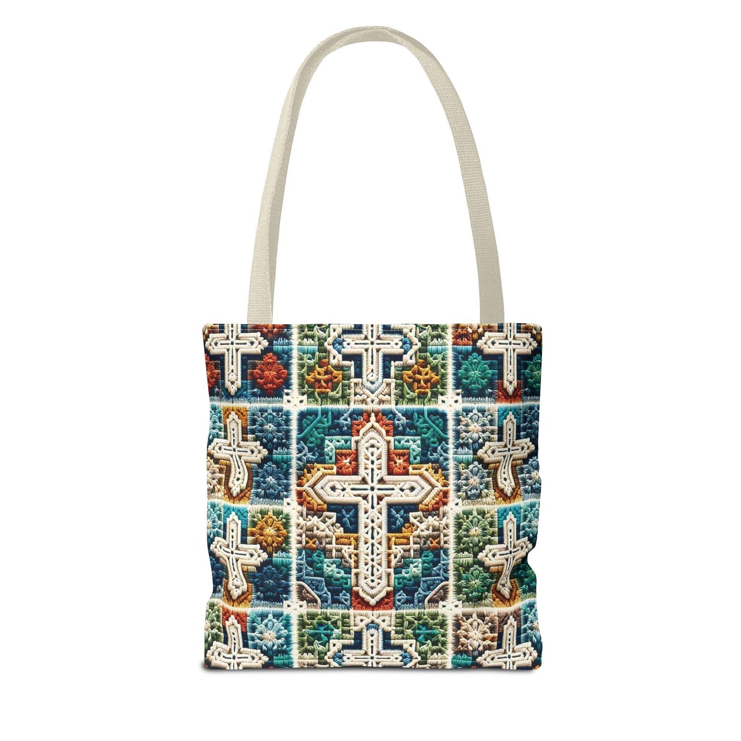 Tote Bag – Faux Crochet Cross Pattern Faith Meets Function with a Pop of Color - Motor Girl Boutique