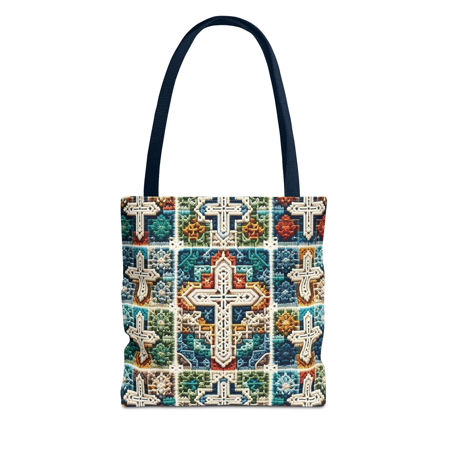 Tote Bag – Faux Crochet Cross Pattern Faith Meets Function with a Pop of Color - Motor Girl Boutique