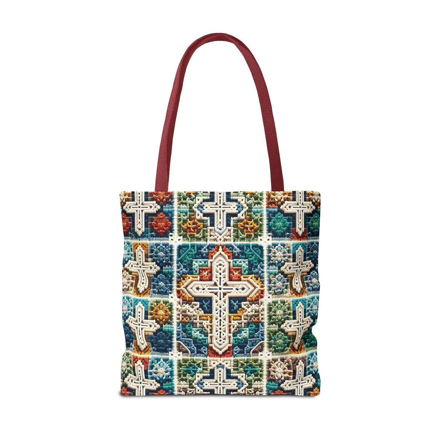 Tote Bag – Faux Crochet Cross Pattern Faith Meets Function with a Pop of Color - Motor Girl Boutique