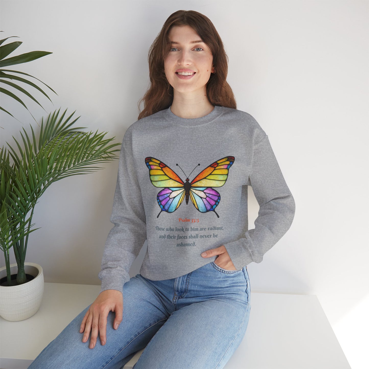 Psalm 35:5 Stained-Glass Butterfly Christian Sweatshirt