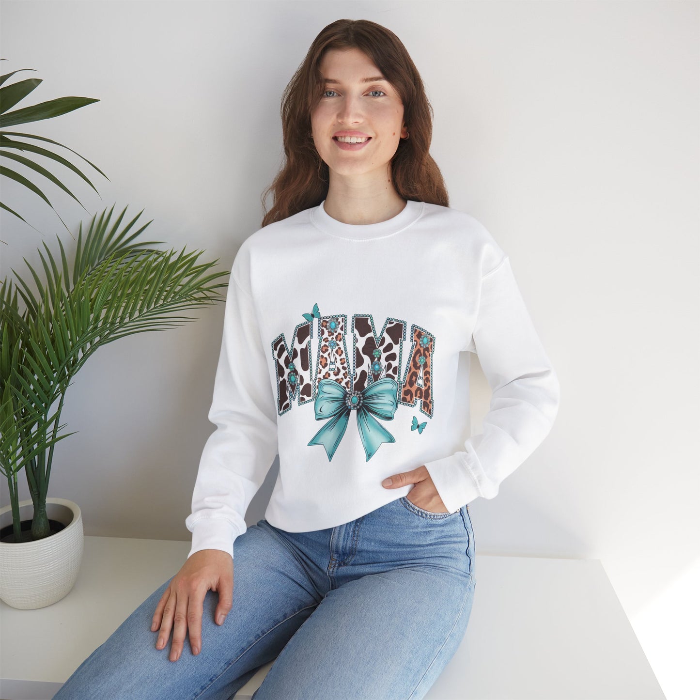 Unisex Sweatshirt - Mama Coquette Cow Turquoise Bow