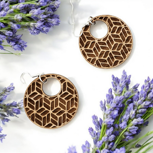 Round Cherry wood Diamond Pattern Engraved Earrings